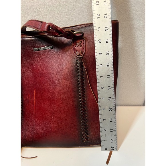 Montana‎ West Leather Tote Bag Burgundy Braided Fringe Zipper Top - Picture 6 of 16
